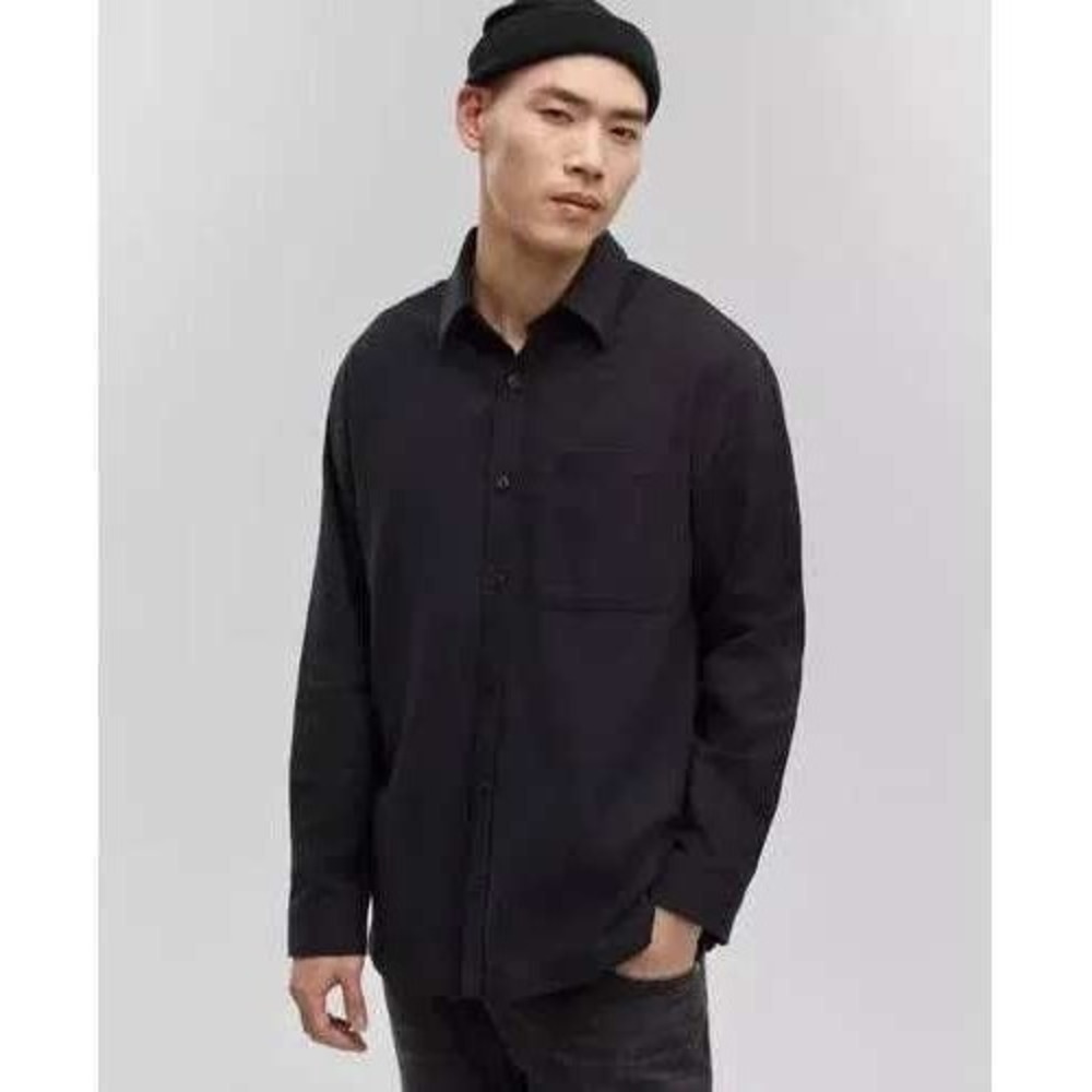 Mode‎ Of One Flannel Woven Relaxed Fit Button Down Shirt Deep Black XXL